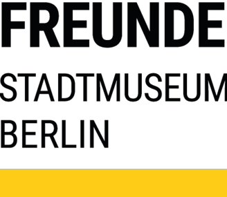 Wort-Bild-Marke "Freunde Stadtmuseum Berlin": Dreizeilige schwarze Schrift über gelbem Querbalken